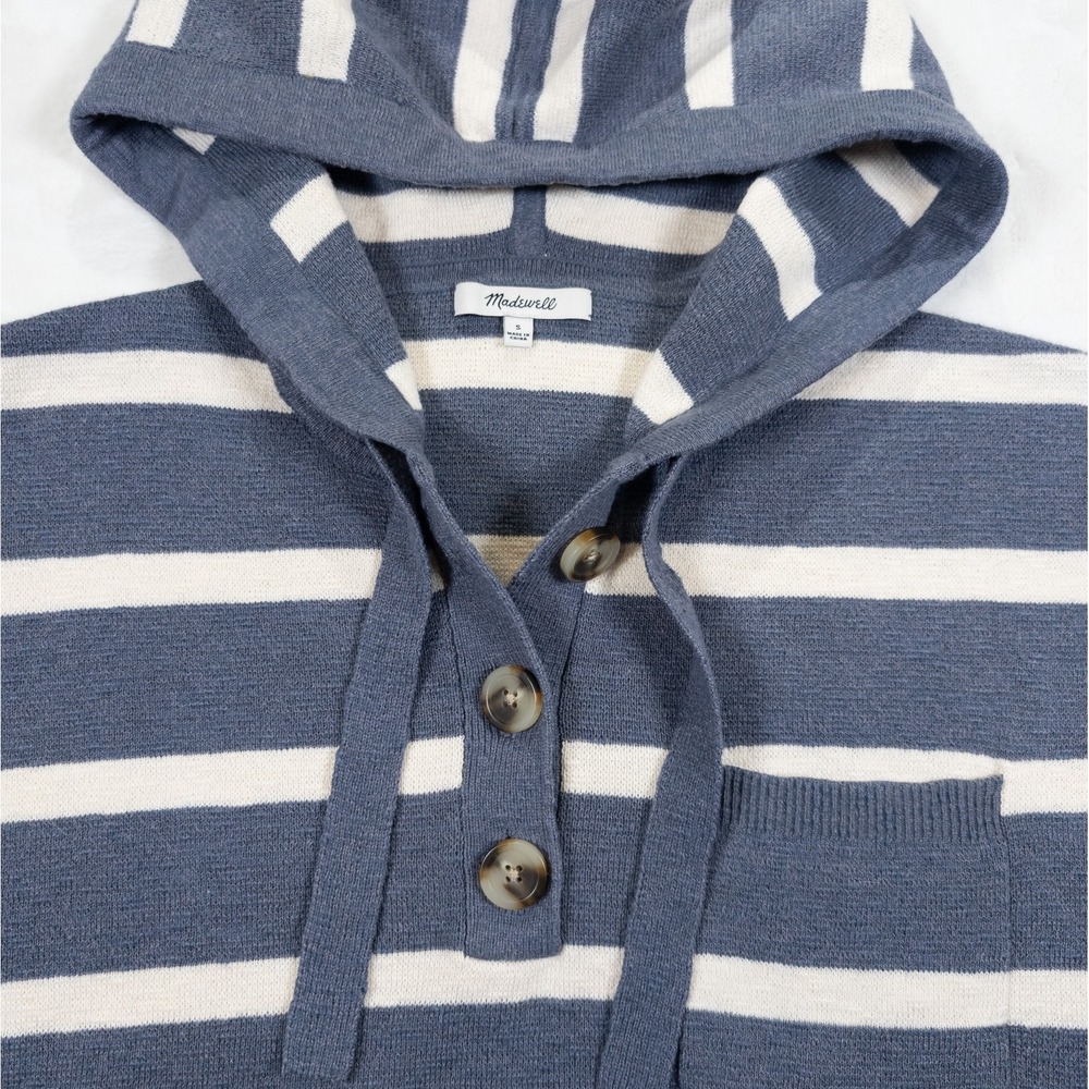 Madewell Henley Hoodie Women S Blue Oversized Coastal Preppy Nautical Cabin Cozy - Picture 5 of 15